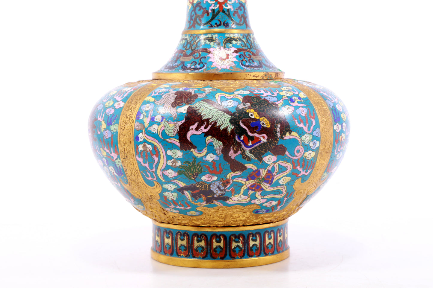 A perfect pair of cloisonné 'cloud and unicorn' patterned vases