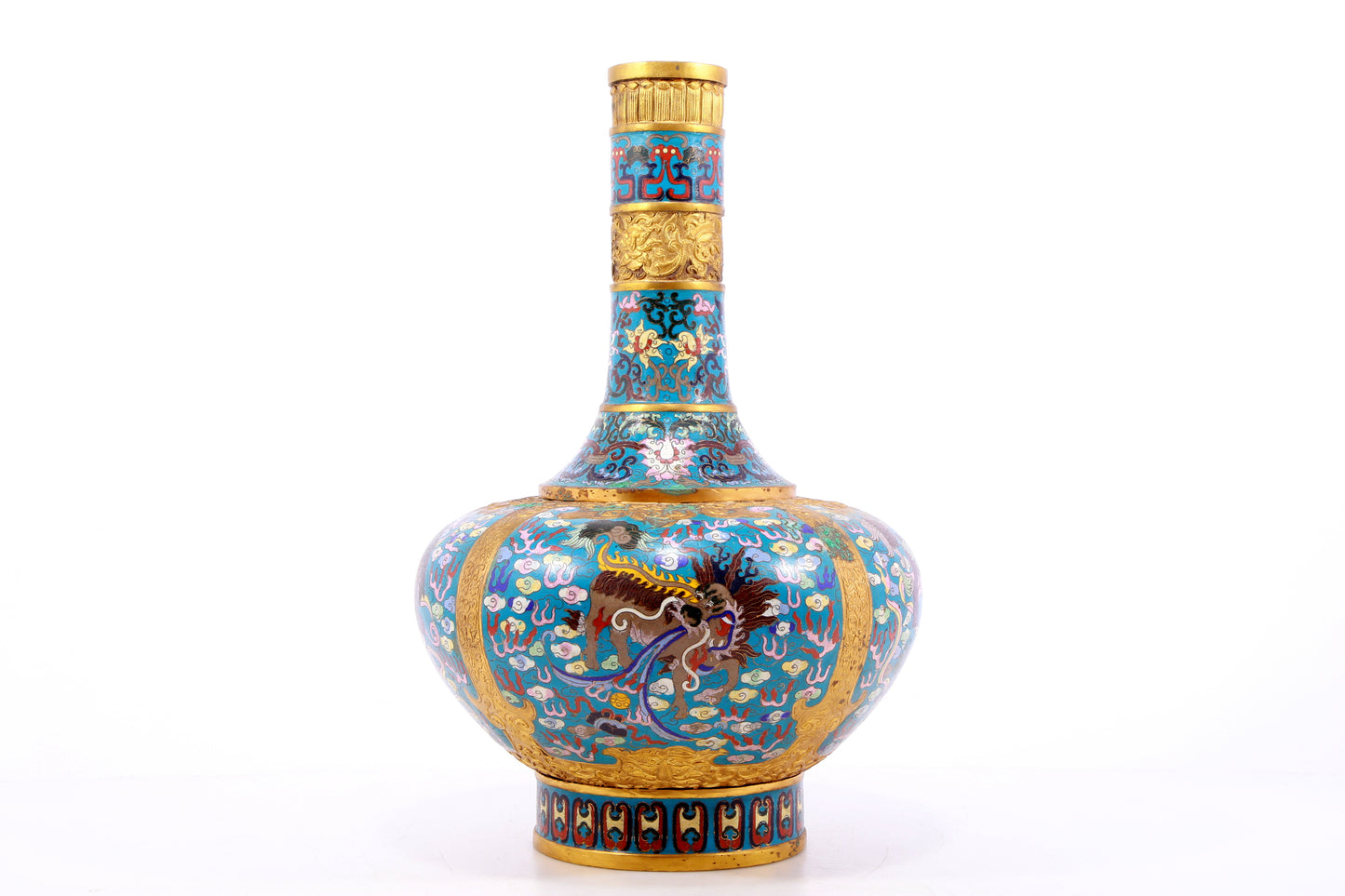 A perfect pair of cloisonné 'cloud and unicorn' patterned vases