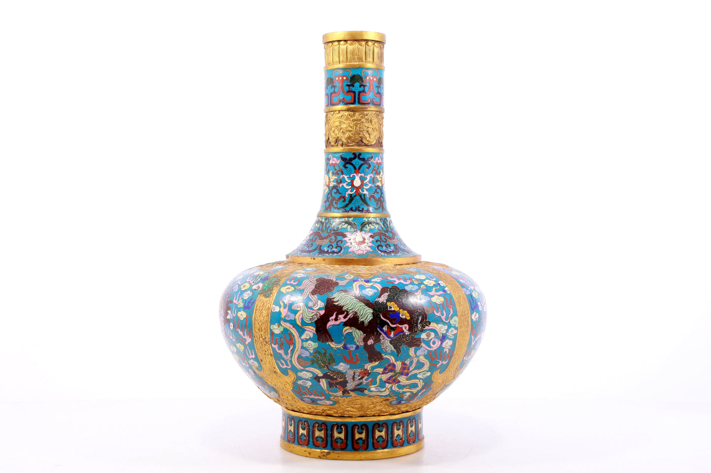 A perfect pair of cloisonné 'cloud and unicorn' patterned vases