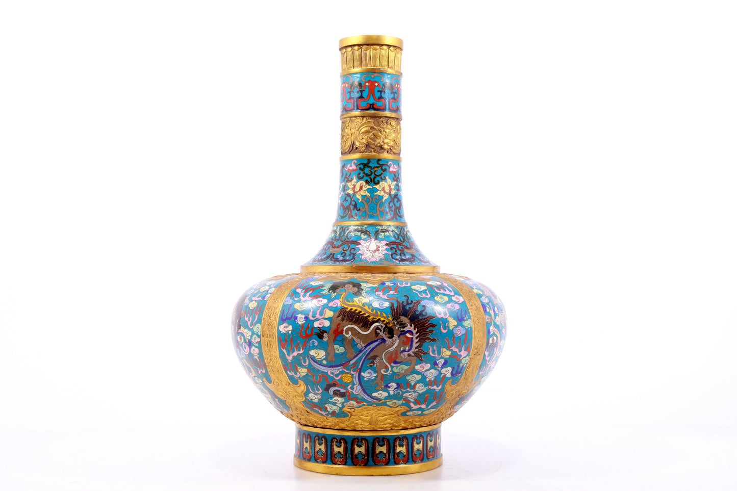 A perfect pair of cloisonné 'cloud and unicorn' patterned vases