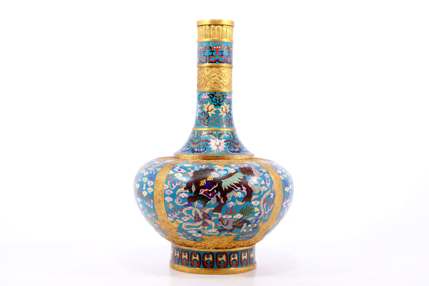 A perfect pair of cloisonné 'cloud and unicorn' patterned vases