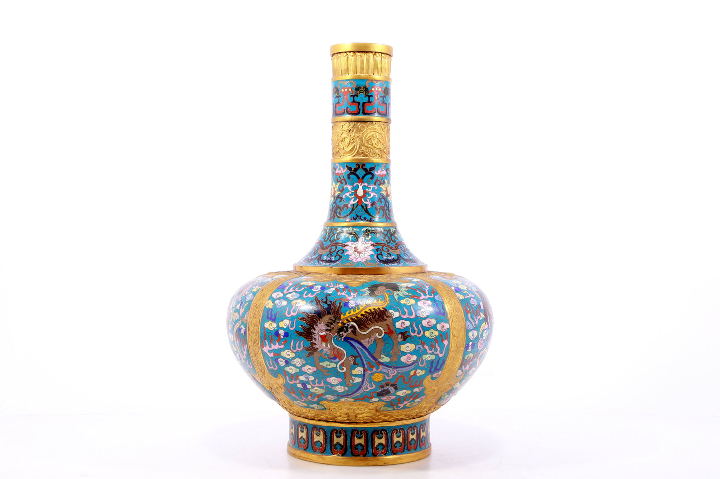 A perfect pair of cloisonné 'cloud and unicorn' patterned vases