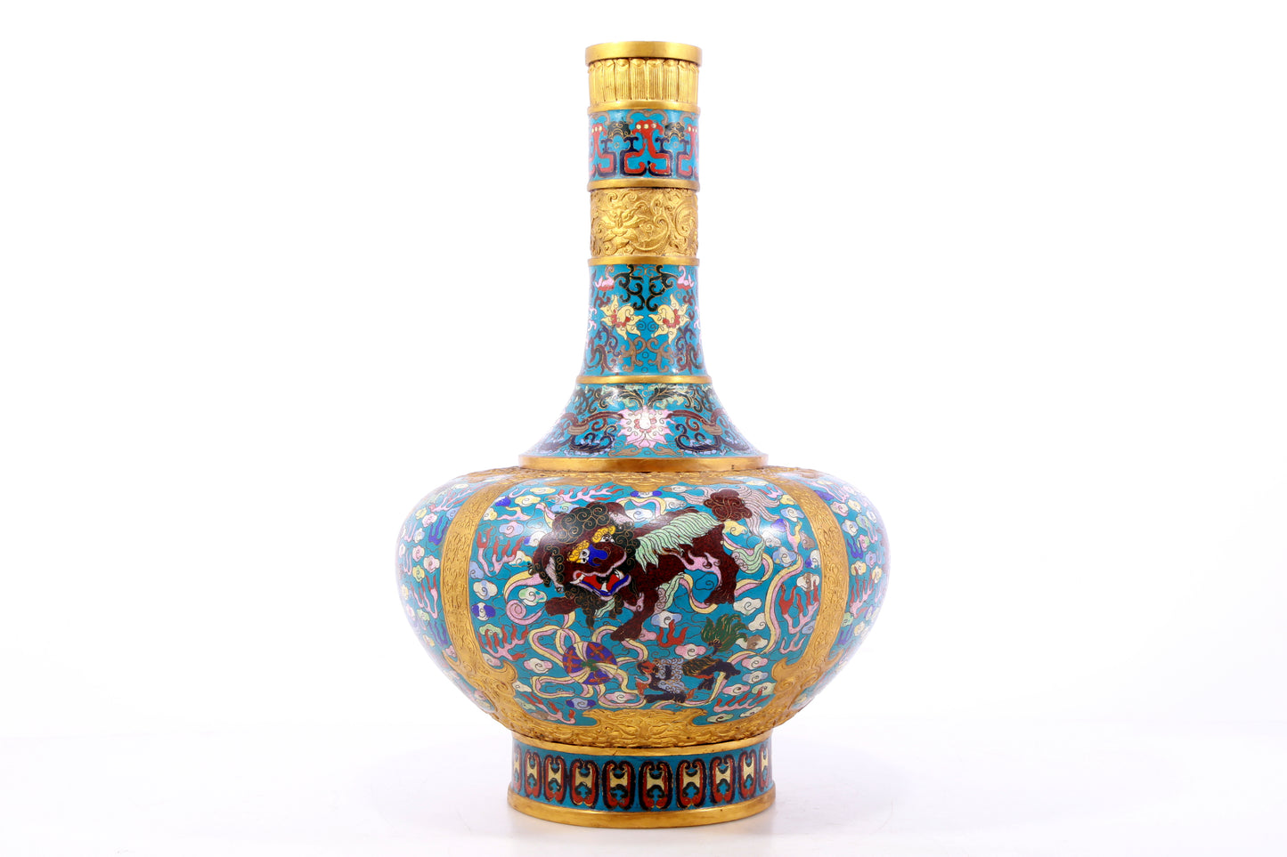 A perfect pair of cloisonné 'cloud and unicorn' patterned vases