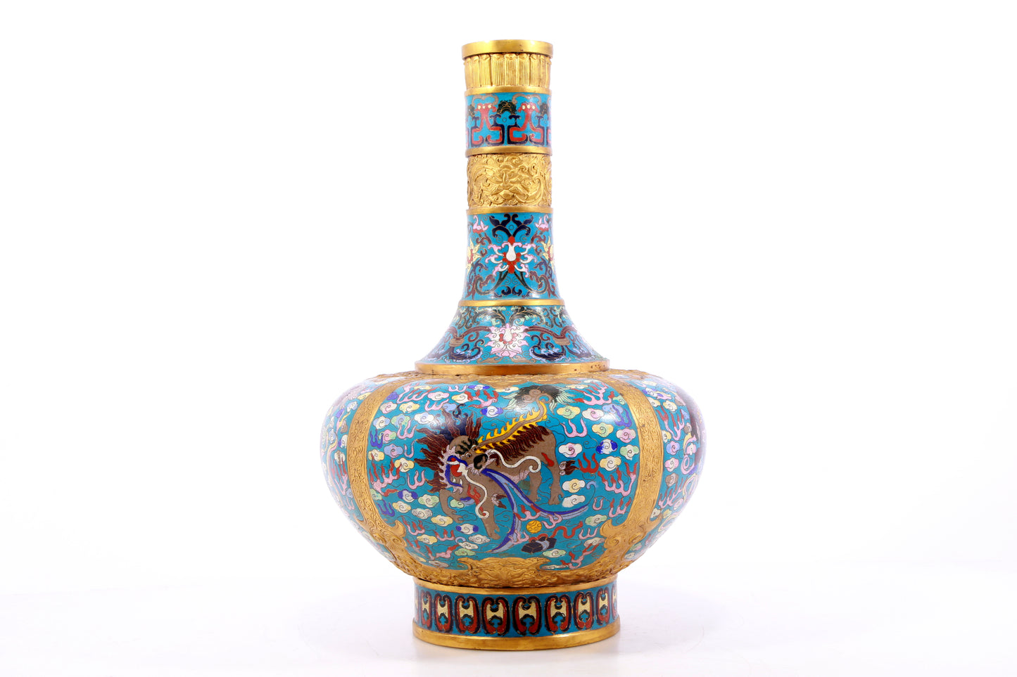 A perfect pair of cloisonné 'cloud and unicorn' patterned vases