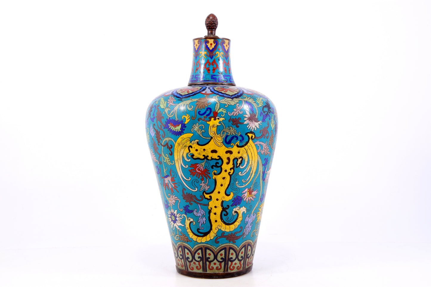 A perfect pair of cloisonne lotus and phoenix pattern jars with lids