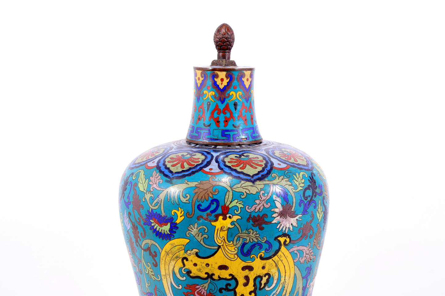 A perfect pair of cloisonne lotus and phoenix pattern jars with lids