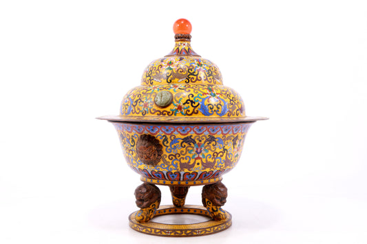 An exquisite cloisonne lotus pattern lion ear stove with lid