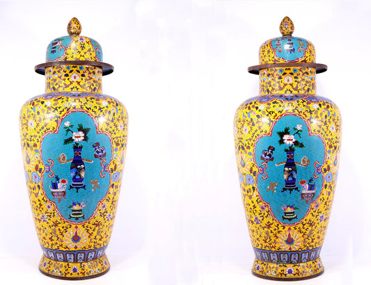 Perfect pair of cloisonné floral pattern bottles with lids