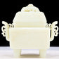 An exquisite white jade double-eared square stove with chilong pattern and lid