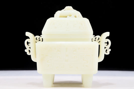 An exquisite white jade double-eared square stove with chilong pattern and lid