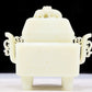 An exquisite white jade double-eared square stove with chilong pattern and lid