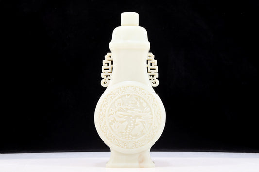 An exquisite white jade floral fish pattern vases with double ears with lid