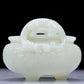 A Precious White Jade 'Dragon' Tripod Censer. Carved with archaistic motifs. Chinese Qing Dynasty. Size:11cmx7.5cm. Weight:400g     清代 白玉龙纹双耳三足炉