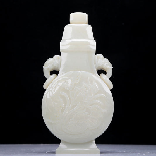 A Precious White Jade 'Bird& Flower' Elephant-Handled Vase And Cover