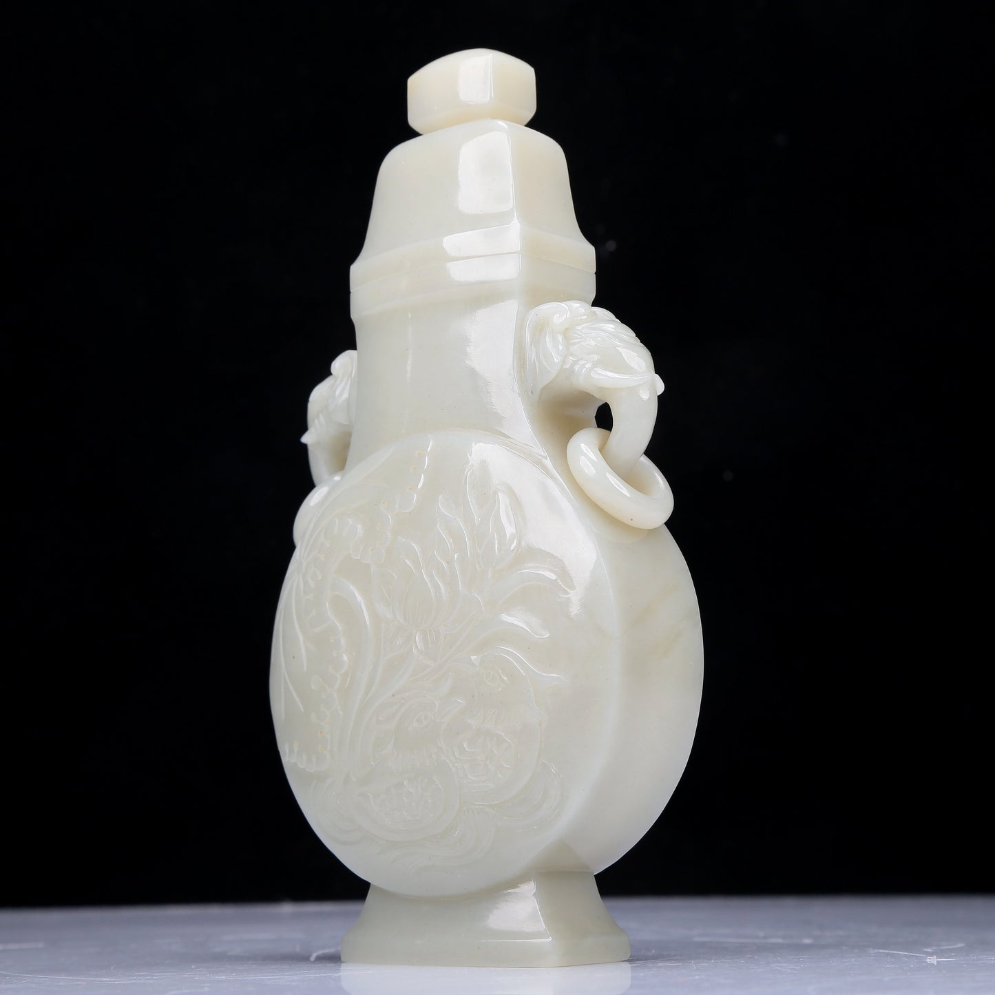 A Precious White Jade 'Bird& Flower' Elephant-Handled Vase And Cover