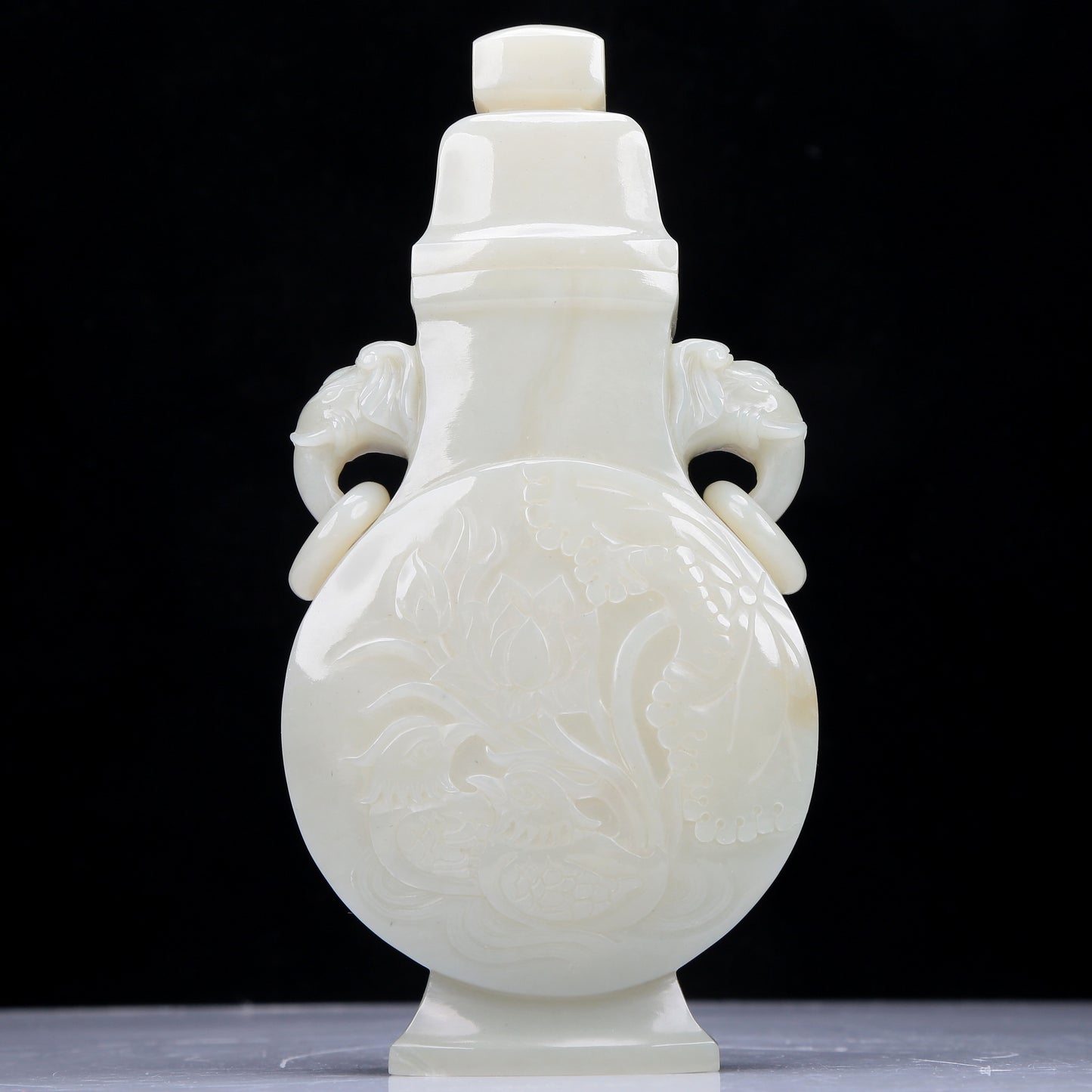 A Precious White Jade 'Bird& Flower' Elephant-Handled Vase And Cover