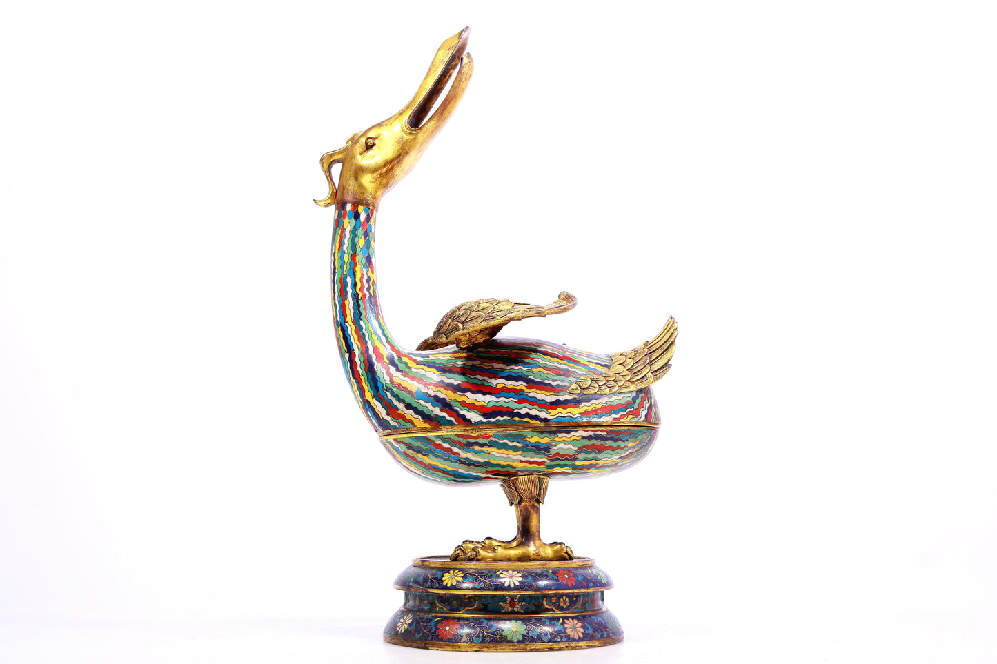 A Precious Cloisonne 'Scrolling Lotus' Duck-Form Box