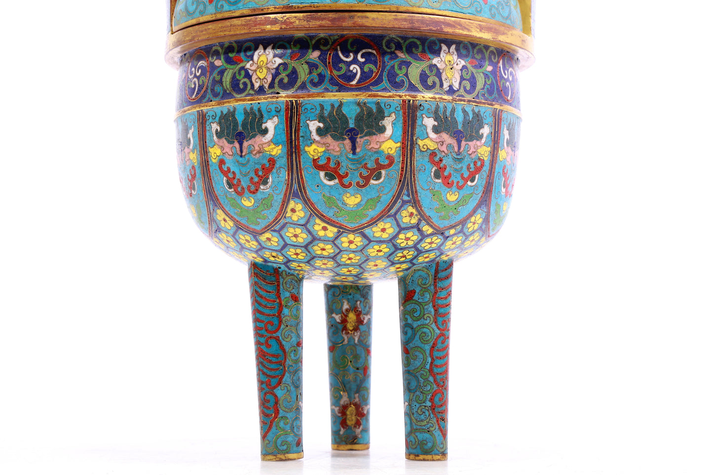 A Gorgeous Cloisonne 'Scrolling Lotus& Taotie' Tripod Censer And Cover