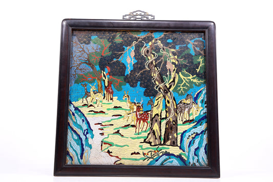 Precious Cloisonne 'Pine, Deer, Landscape' Hanging Screen