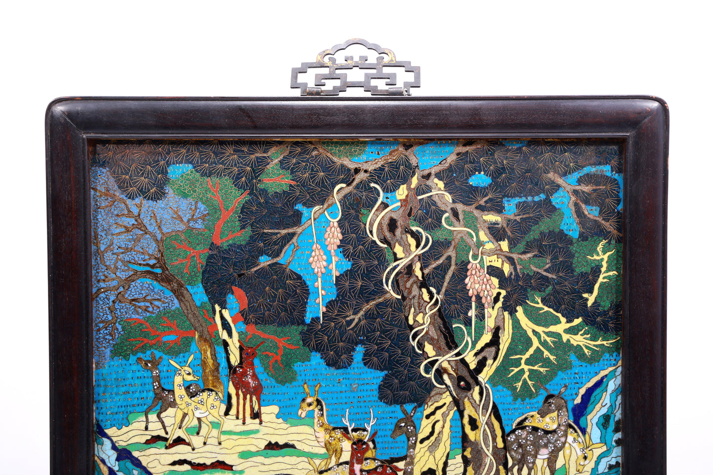 Precious Cloisonne 'Pine, Deer, Landscape' Hanging Screen