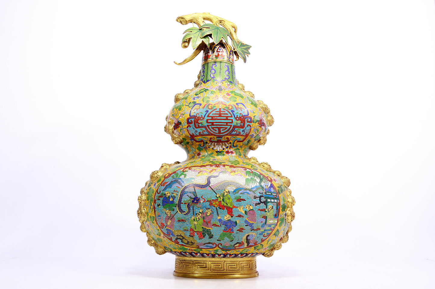 A cloisonné 'Landscape Figure' bottle in the shape of a gourd