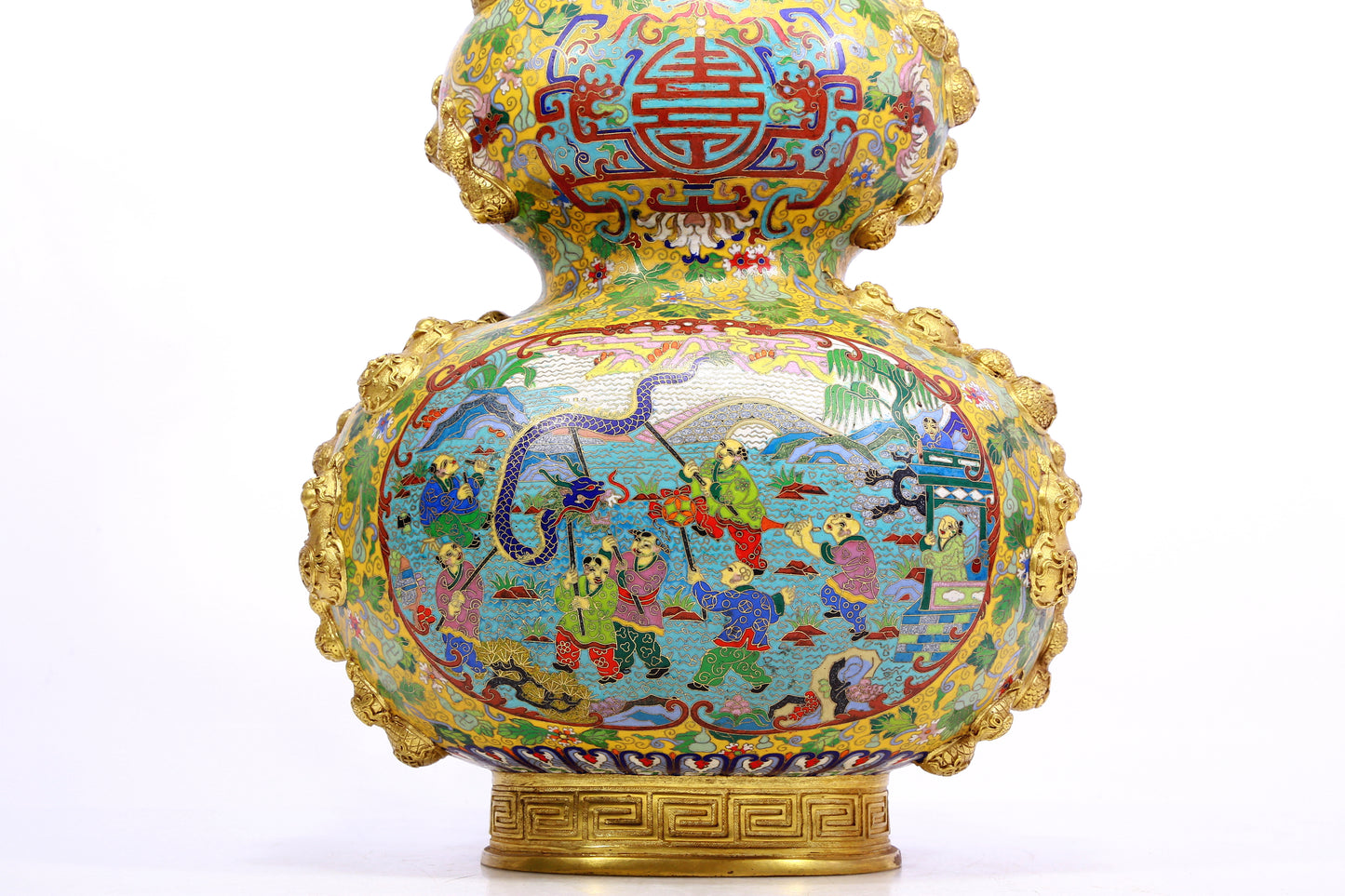 A cloisonné 'Landscape Figure' bottle in the shape of a gourd