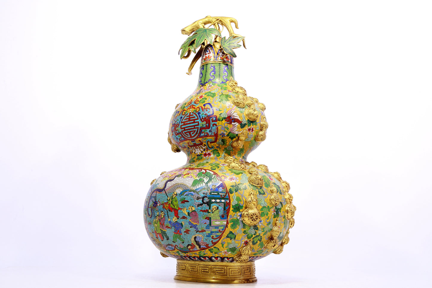 A cloisonné 'Landscape Figure' bottle in the shape of a gourd