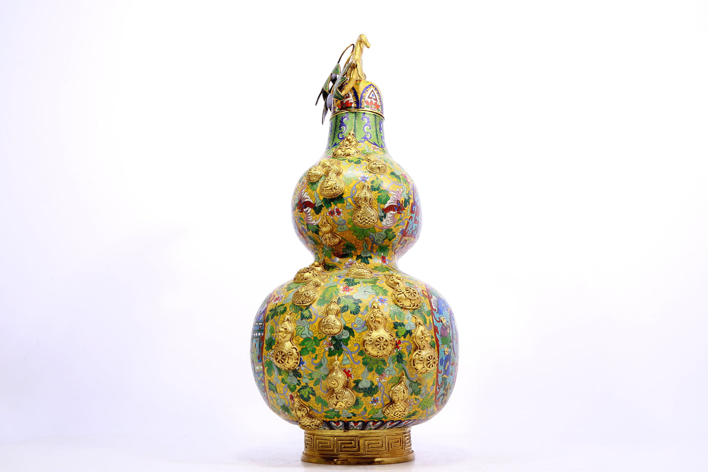 A cloisonné 'Landscape Figure' bottle in the shape of a gourd