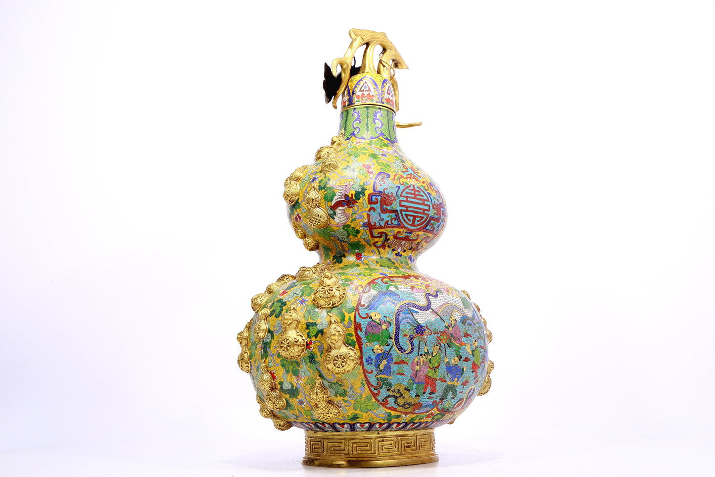 A cloisonné 'Landscape Figure' bottle in the shape of a gourd