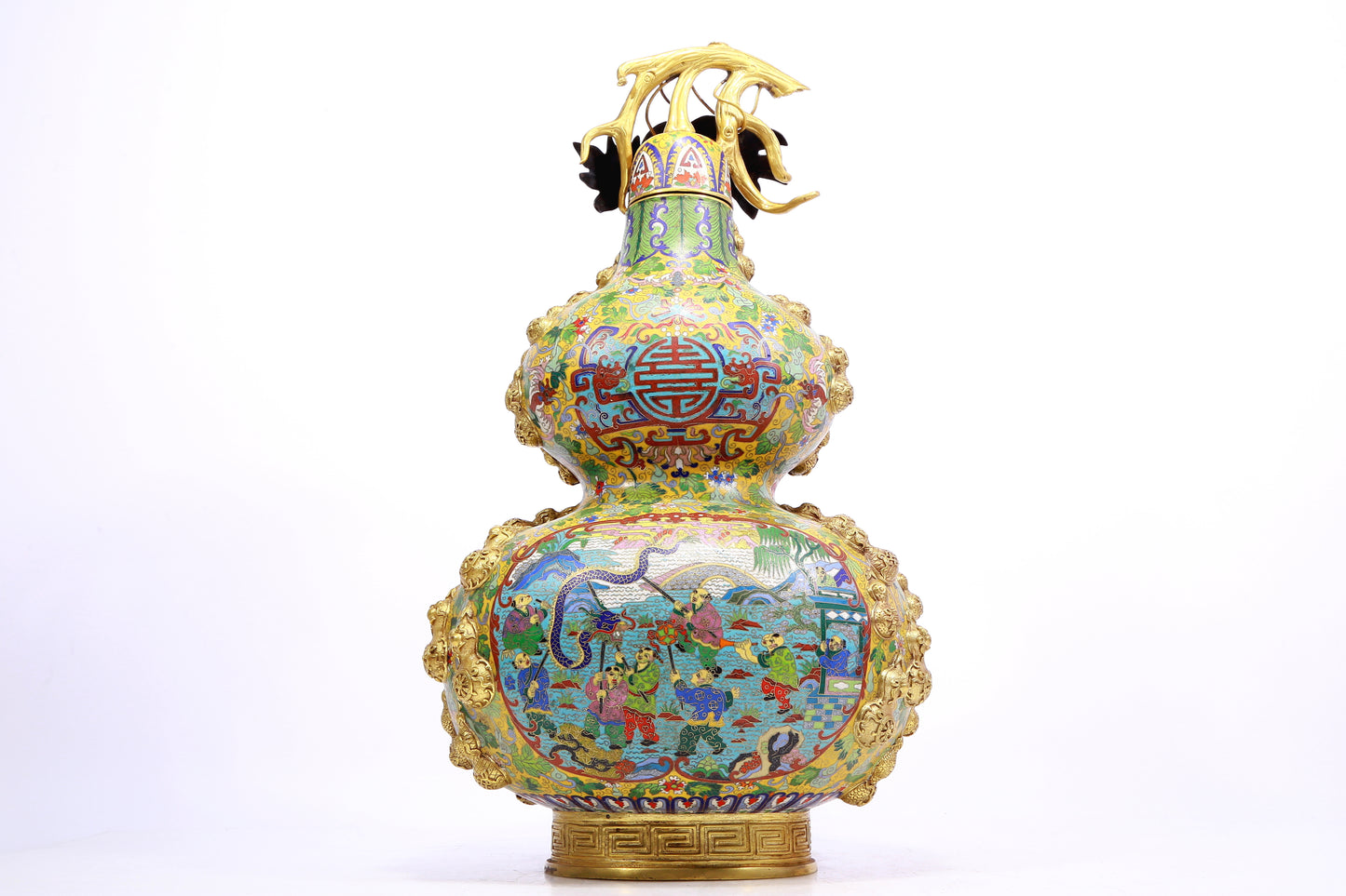 A cloisonné 'Landscape Figure' bottle in the shape of a gourd