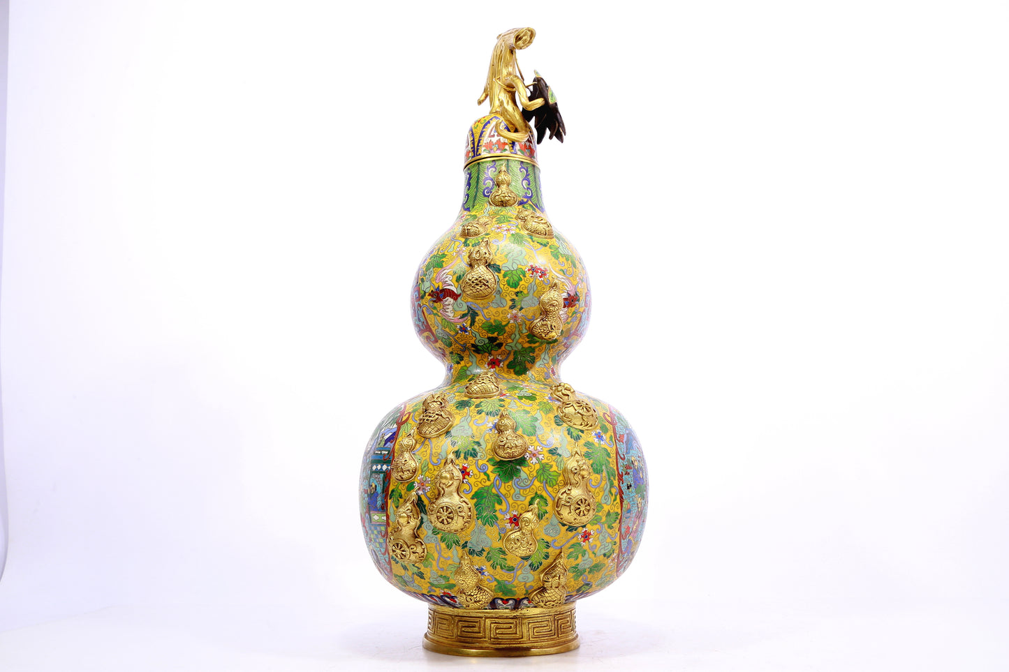 A cloisonné 'Landscape Figure' bottle in the shape of a gourd