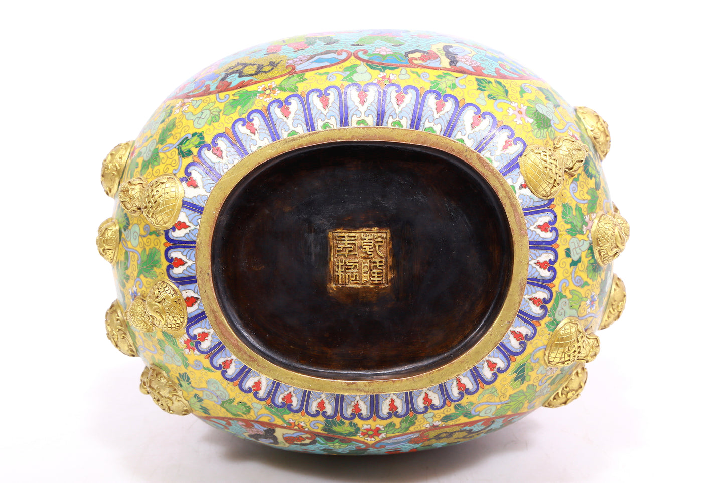 A cloisonné 'Landscape Figure' bottle in the shape of a gourd