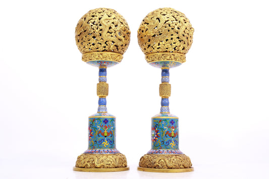 A Pair of Cloisonne 'Auspicious Cloud, Dragon, Phoenix' Cap Stand