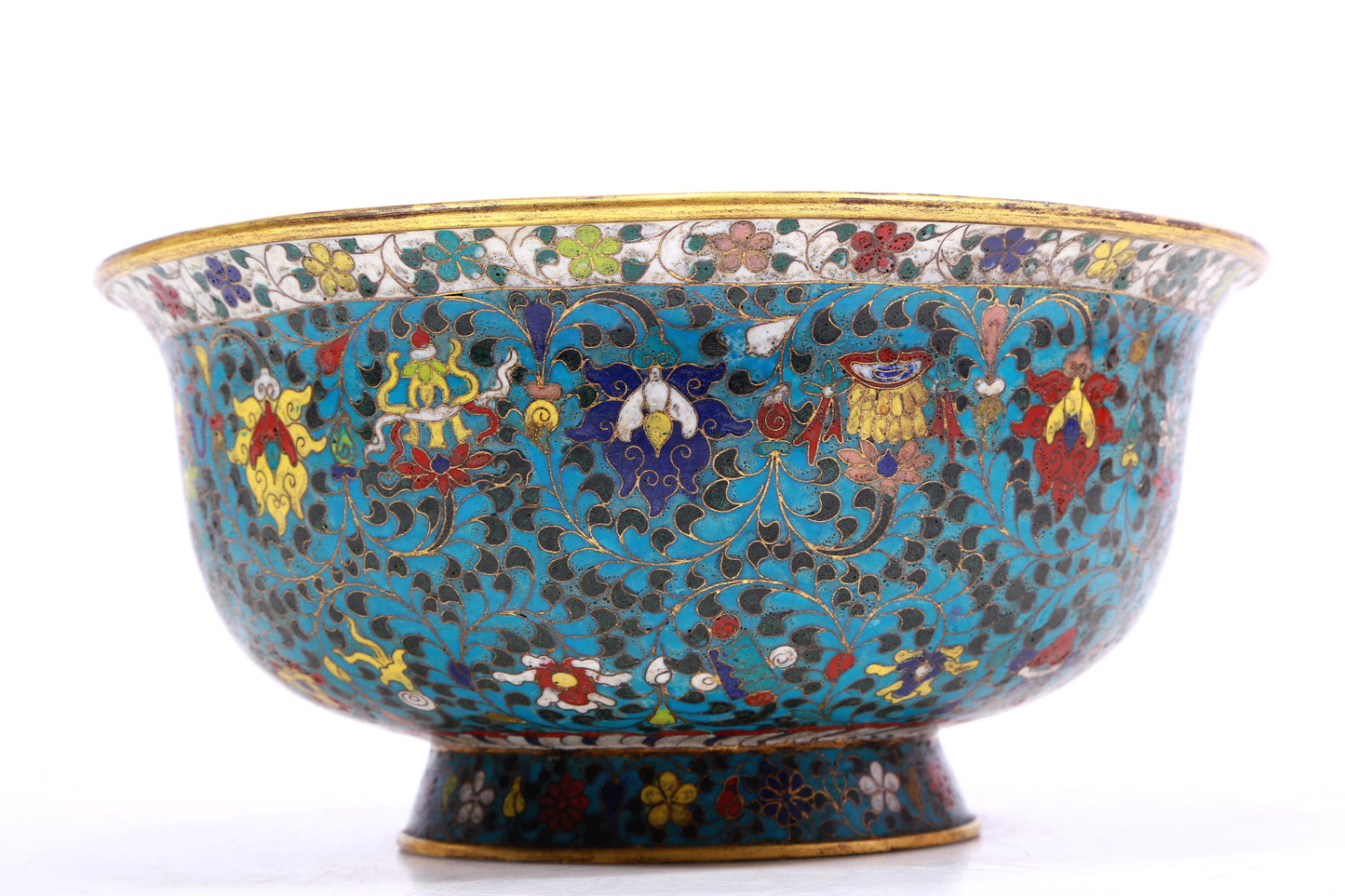 A Gorgeous Cloisonne 'Scrolling Lotus& Weapons Of The Eight Immortals' Bowl