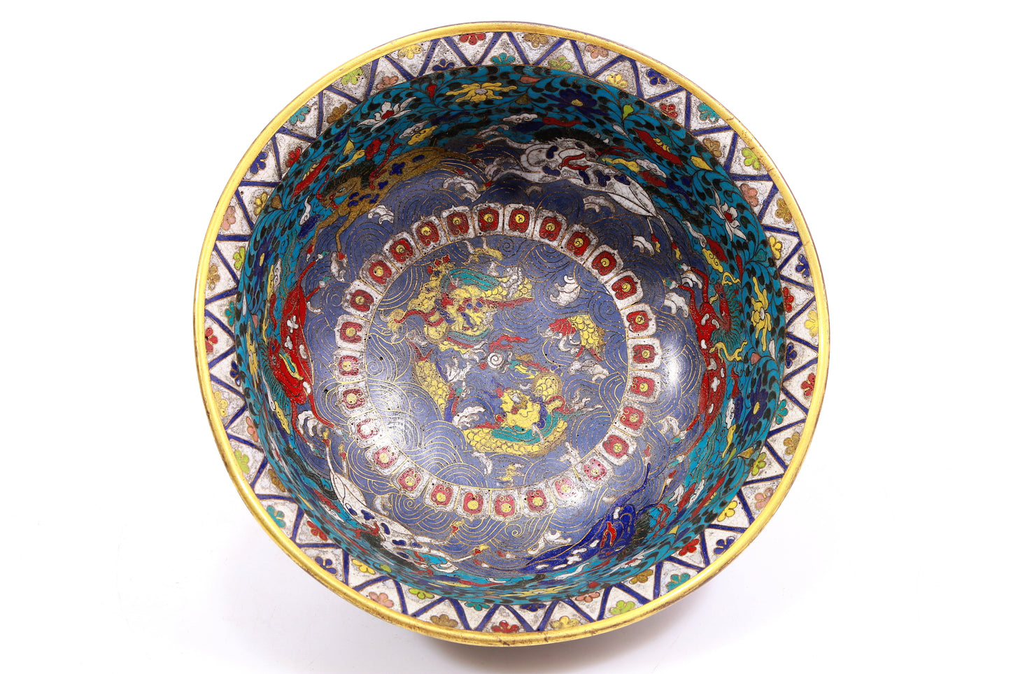 A Gorgeous Cloisonne 'Scrolling Lotus& Weapons Of The Eight Immortals' Bowl