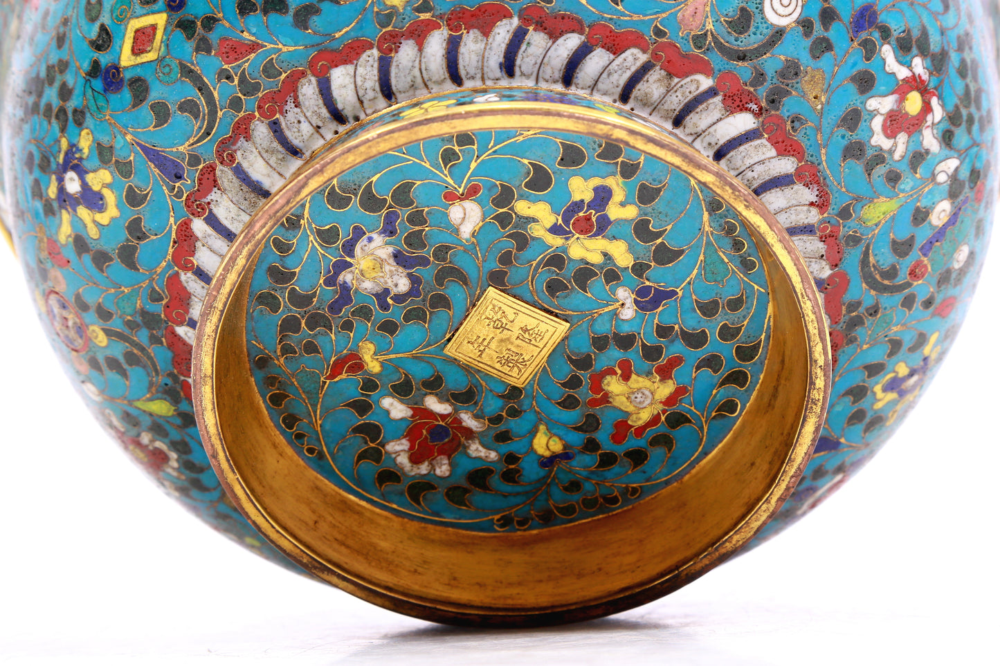 A Gorgeous Cloisonne 'Scrolling Lotus& Weapons Of The Eight Immortals' Bowl