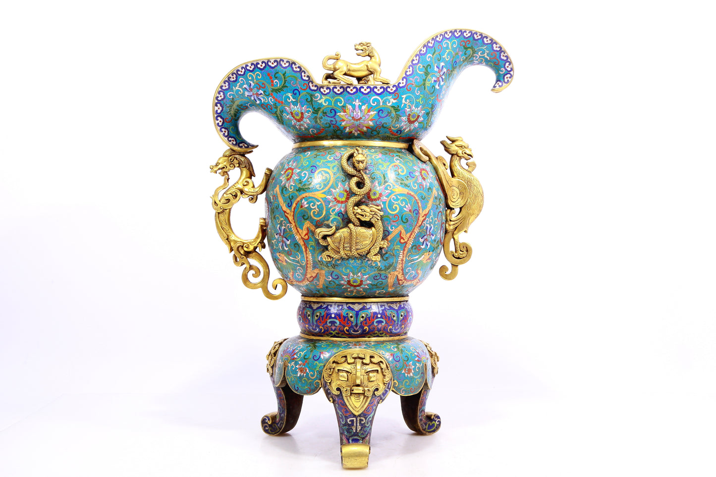 A cloisonné 'Twinkle lotus and Chilong' pattern three-legged ewer