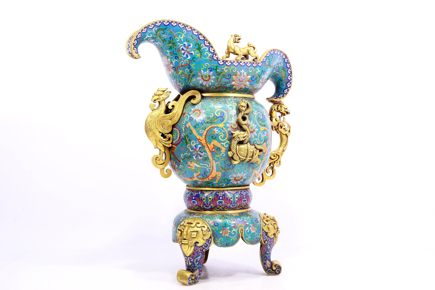 A cloisonné 'Twinkle lotus and Chilong' pattern three-legged ewer