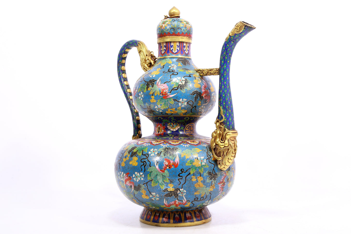 A Wonderful Cloisonne 'Flower& Bat' Gourd-Form Ewer