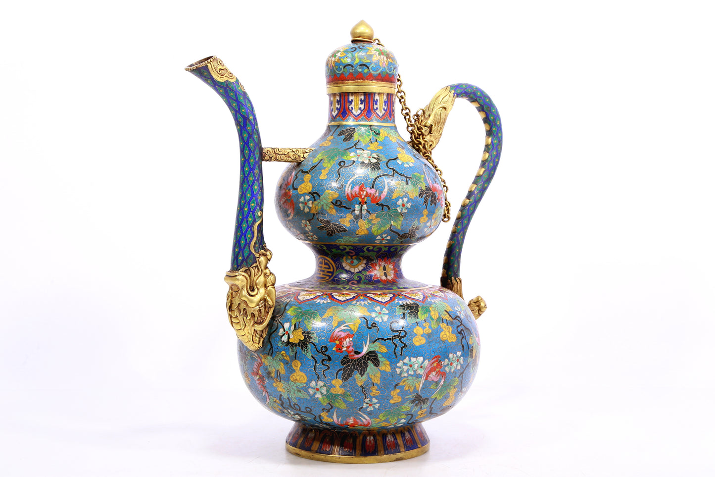 A Wonderful Cloisonne 'Flower& Bat' Gourd-Form Ewer