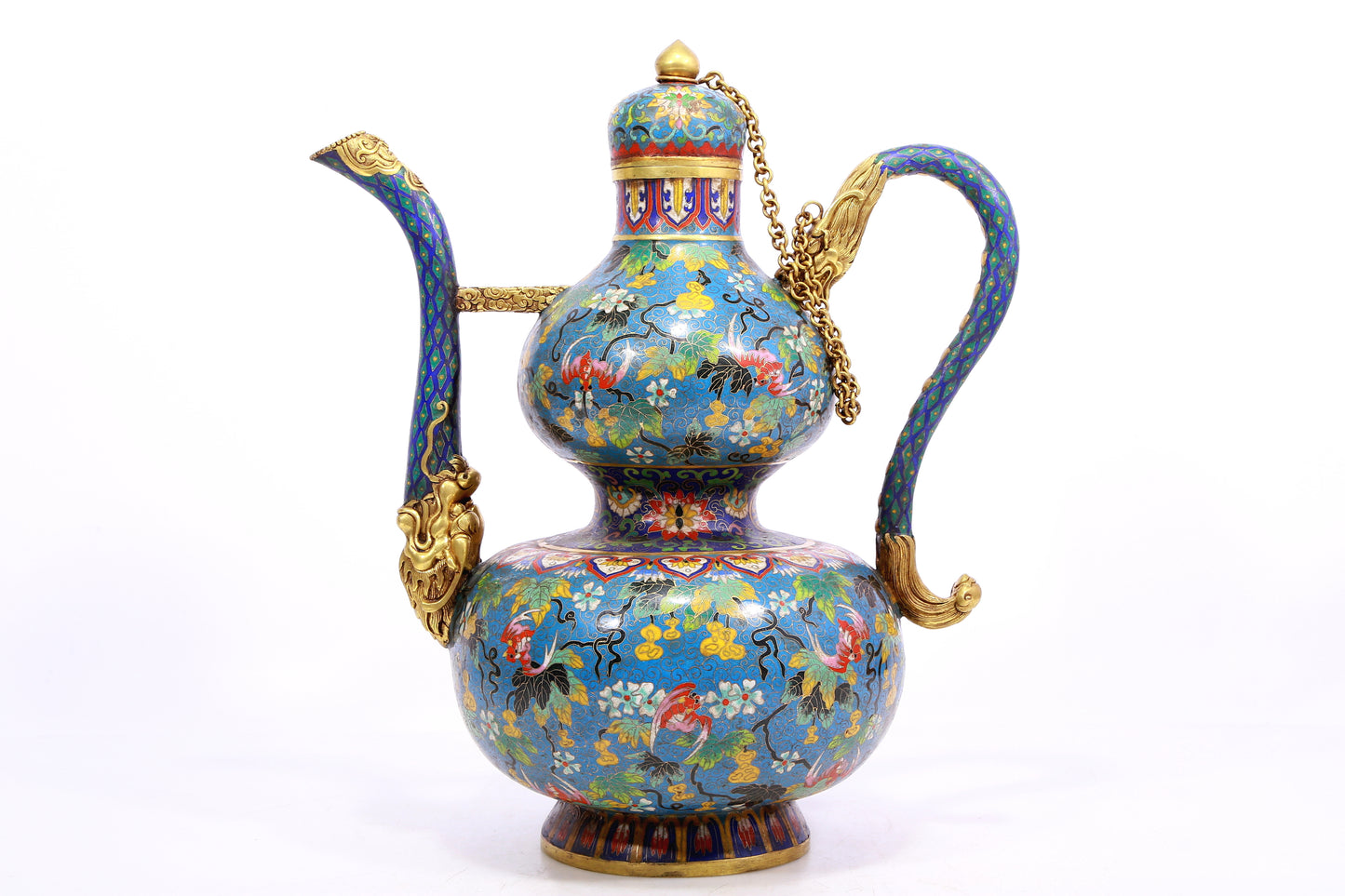 A Wonderful Cloisonne 'Flower& Bat' Gourd-Form Ewer