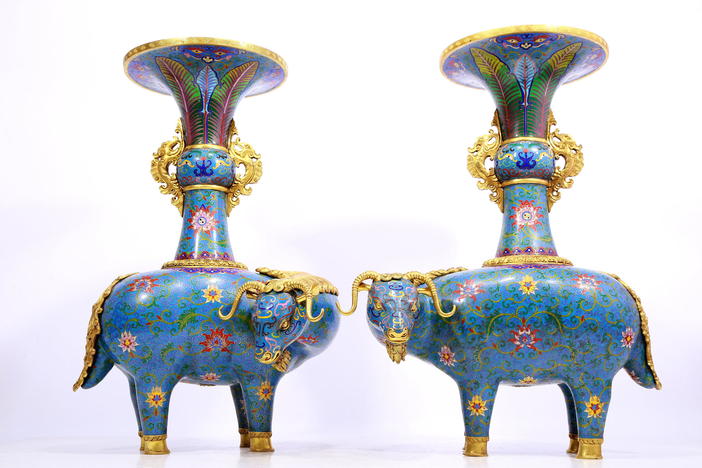 Pair of cloisonné goat-shaped bottles