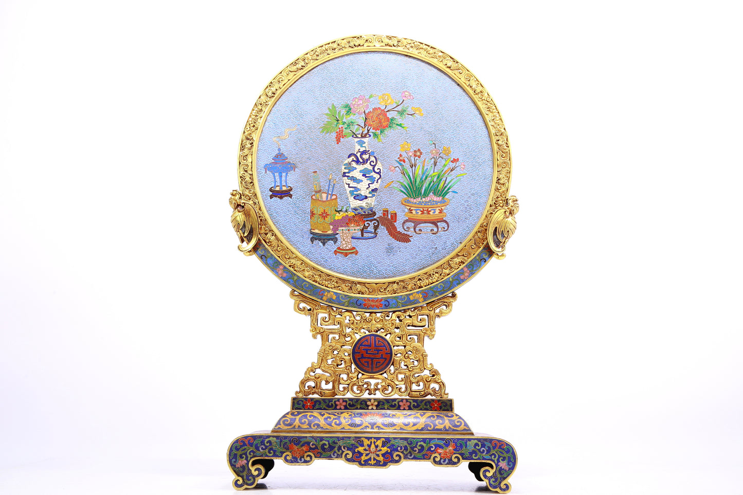 A Marvelous Circular Cloisonne 'Ancient Chinese Stationery' Table Screen