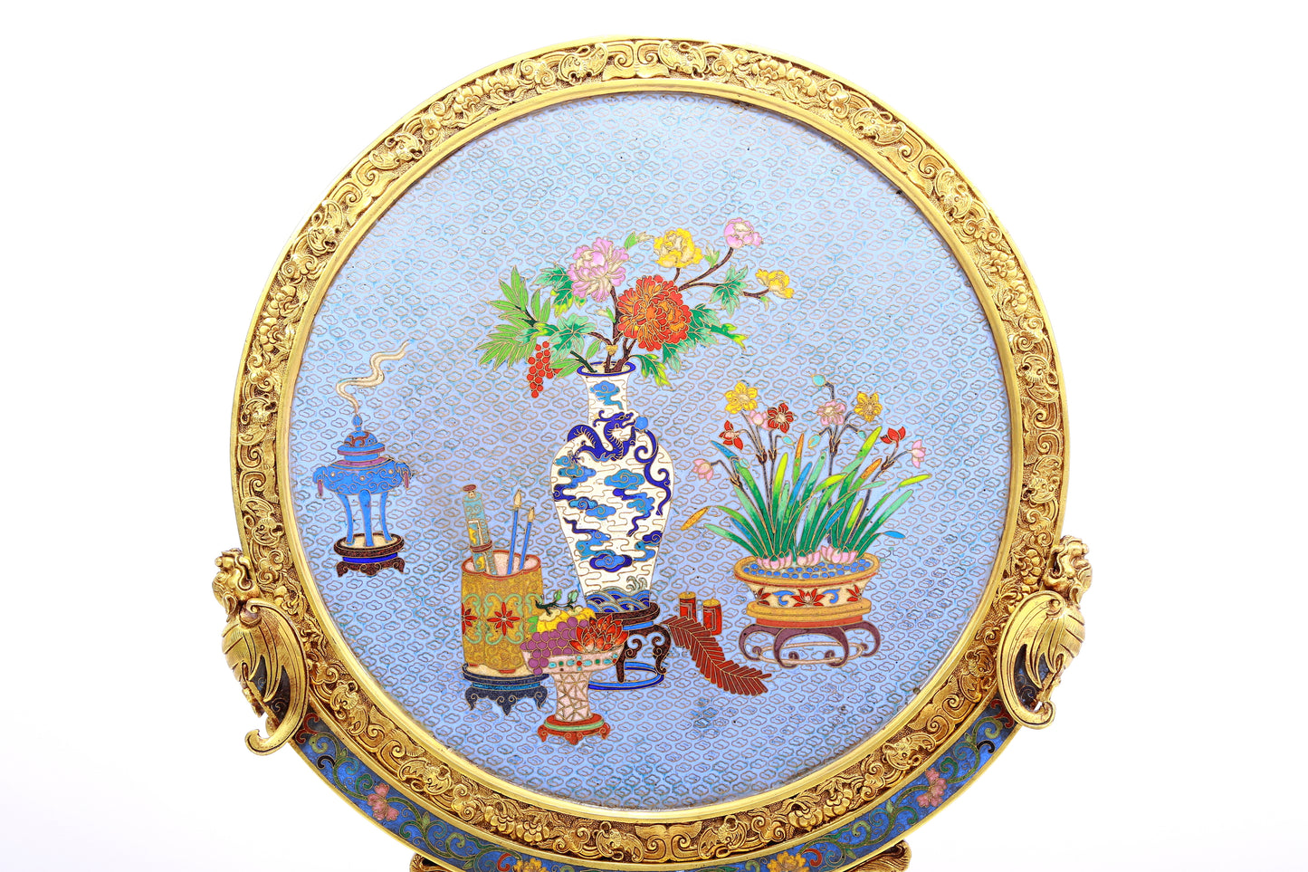 A Marvelous Circular Cloisonne 'Ancient Chinese Stationery' Table Screen