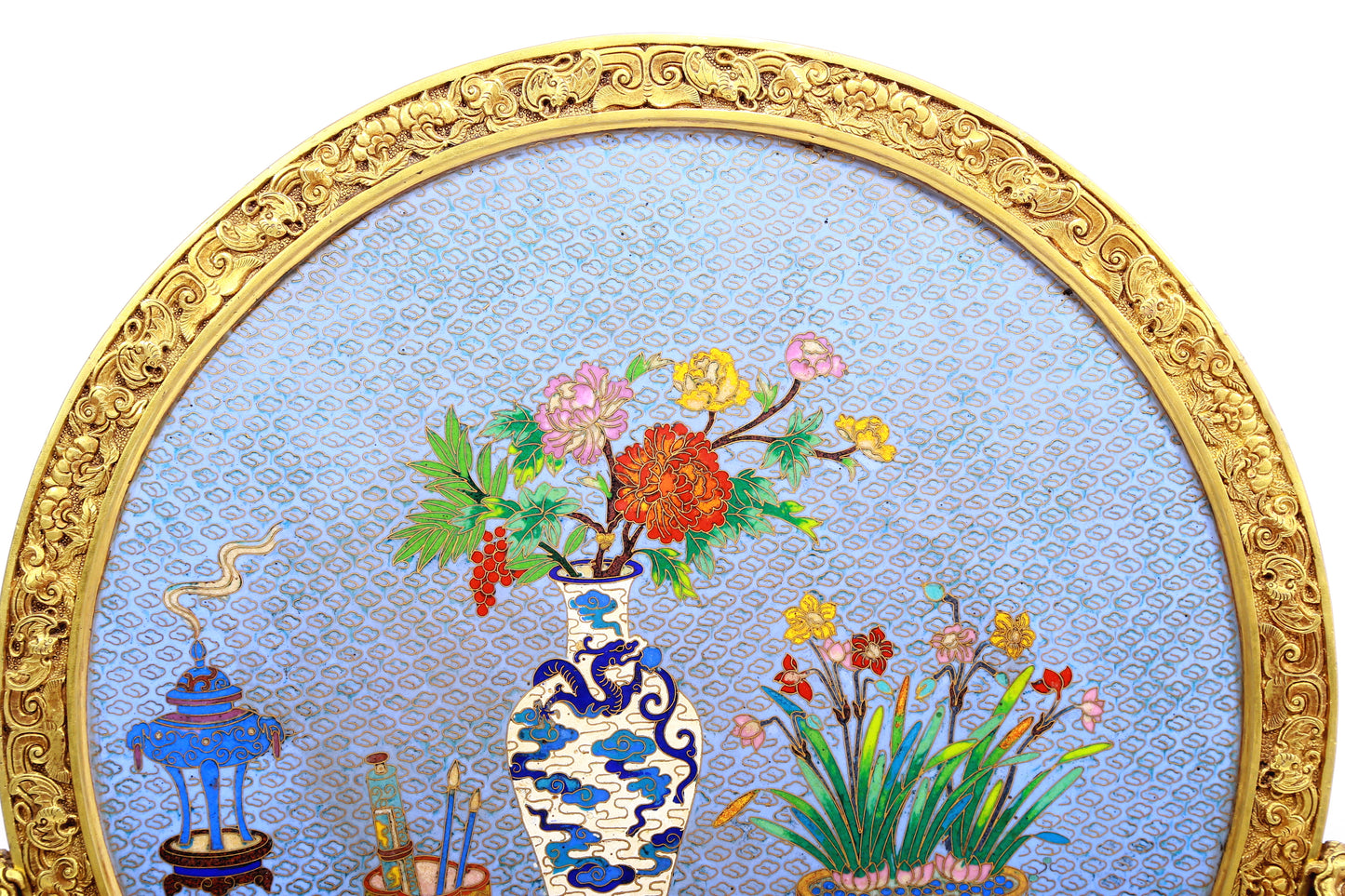 A Marvelous Circular Cloisonne 'Ancient Chinese Stationery' Table Screen