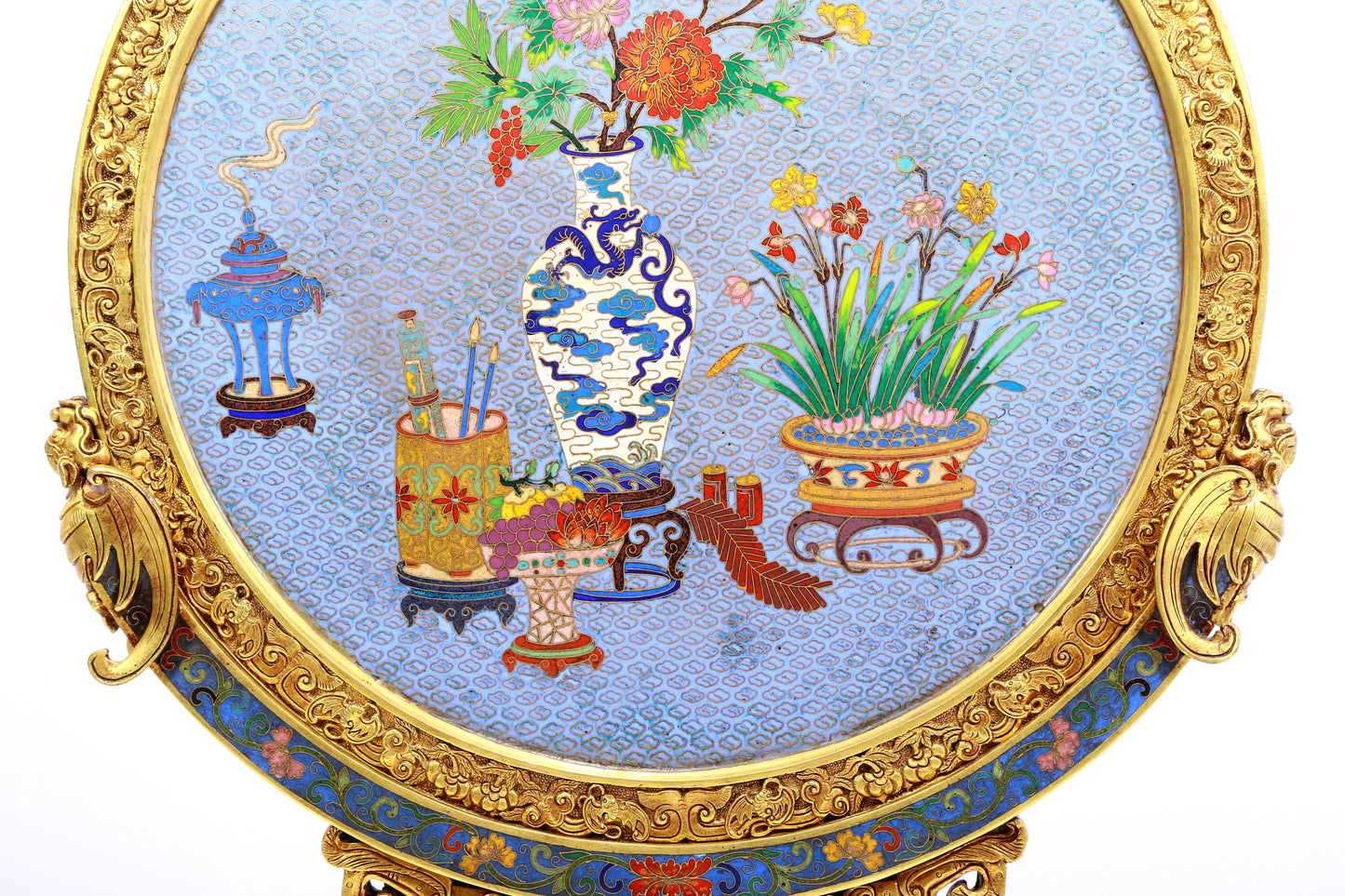 A Marvelous Circular Cloisonne 'Ancient Chinese Stationery' Table Screen