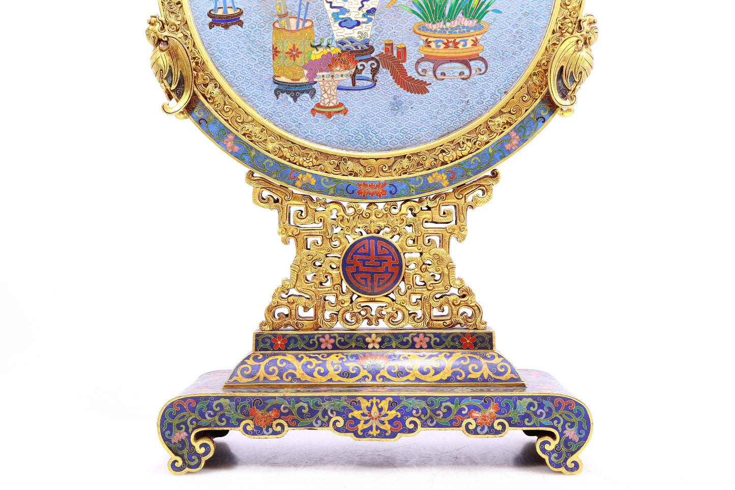 A Marvelous Circular Cloisonne 'Ancient Chinese Stationery' Table Screen