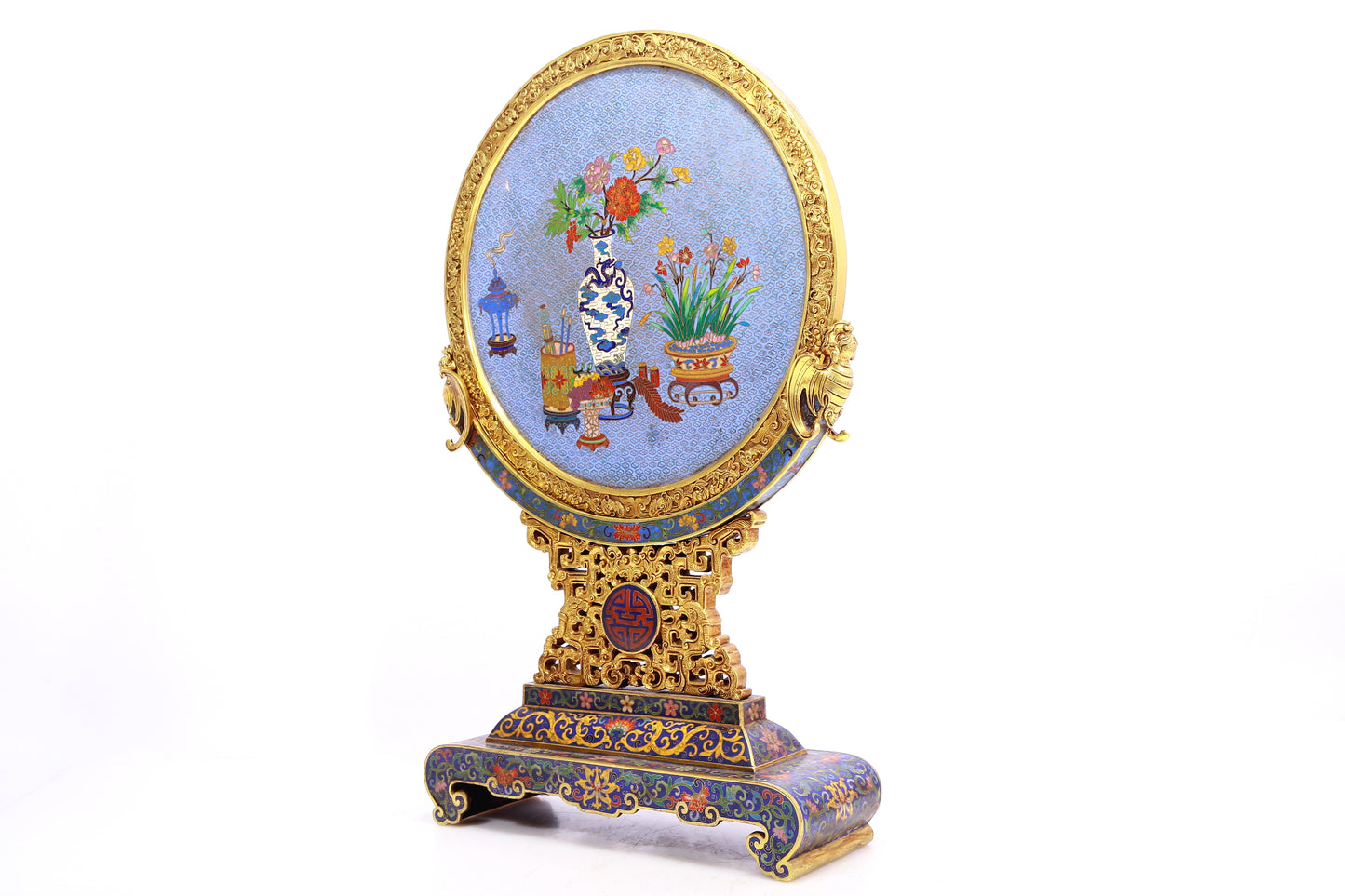 A Marvelous Circular Cloisonne 'Ancient Chinese Stationery' Table Screen