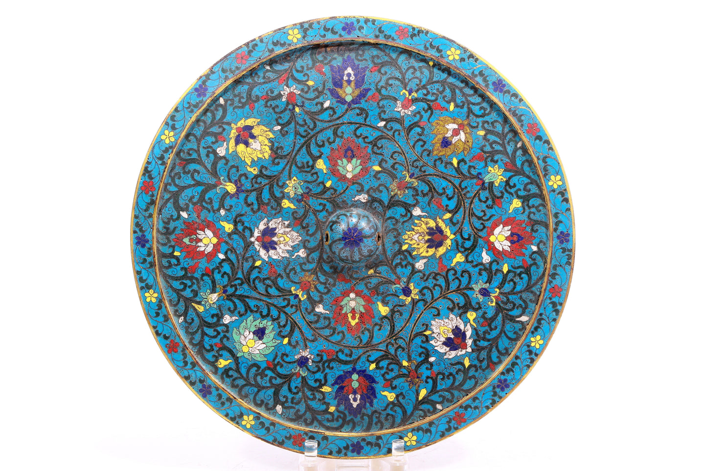 A Gorgeous Circular Cloisonne 'Scrolling Lotus' Mirror