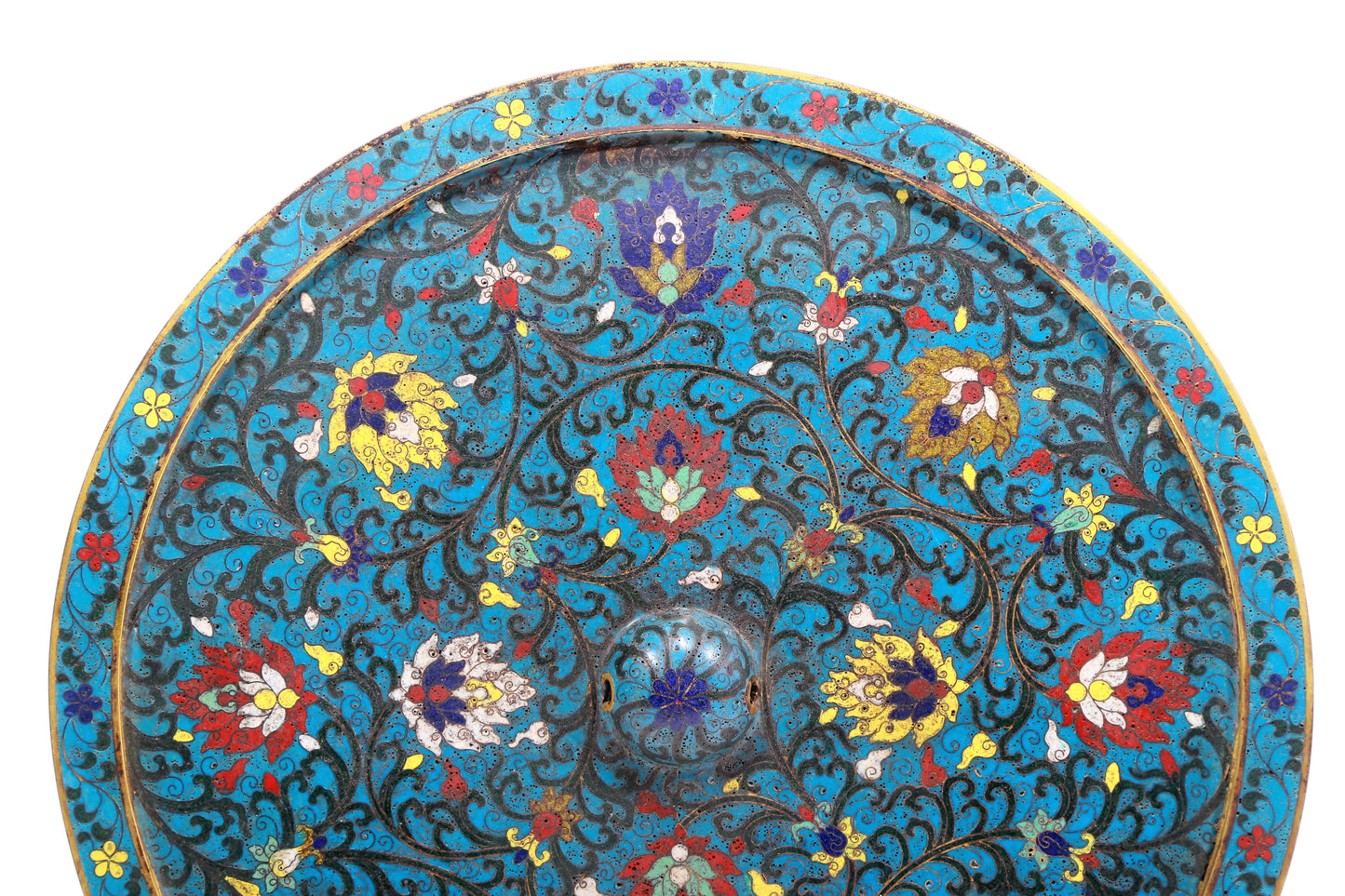 A Gorgeous Circular Cloisonne 'Scrolling Lotus' Mirror